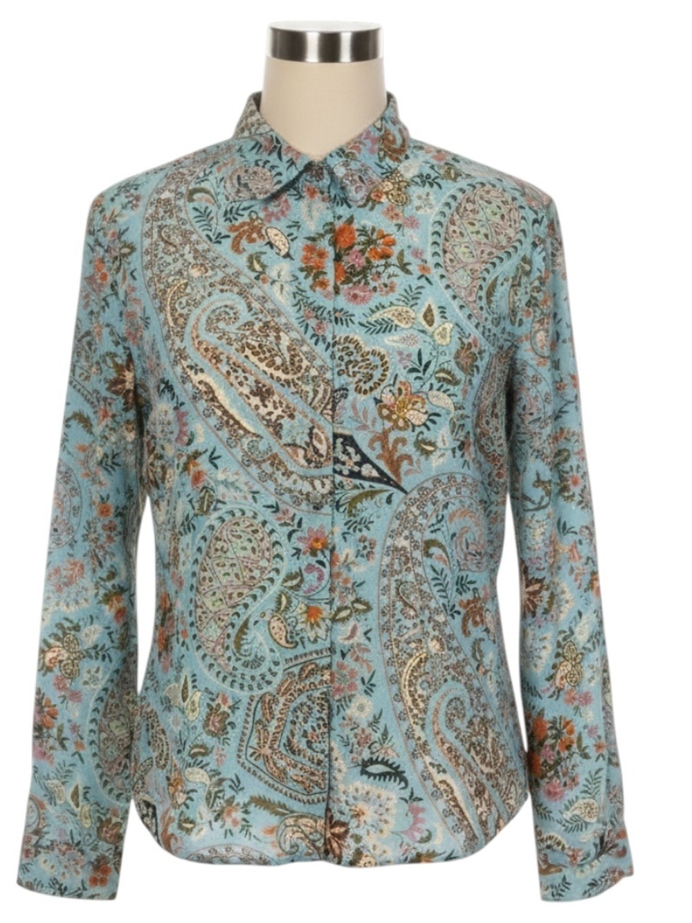 ETRO LIGHT BLUE MULTI PAISLEY PRINTED BUTTON FRONT LINEN BLOUSE